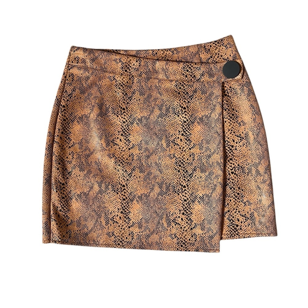 Brown and Tan Faux Suede Snakeskin Wrap Mini Skirt Size Medium